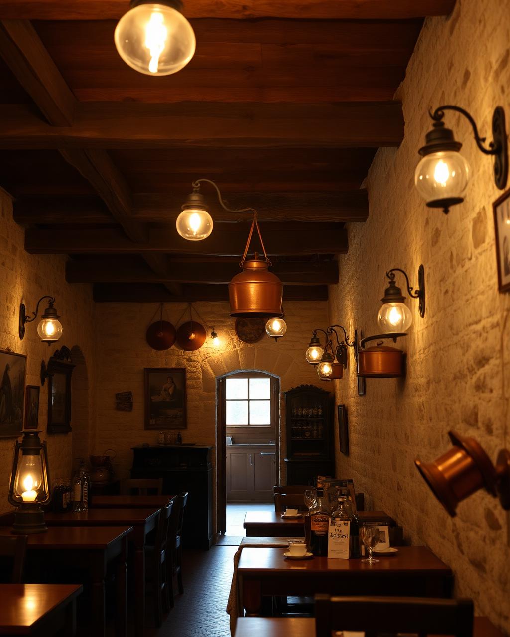 Rustic Greek tavern interior with stone walls and warm oil lamps