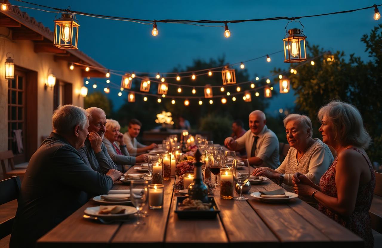 Family dining outdoors under lanterns at night