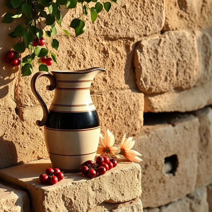 Ceramic wine pitcher on a stone wall