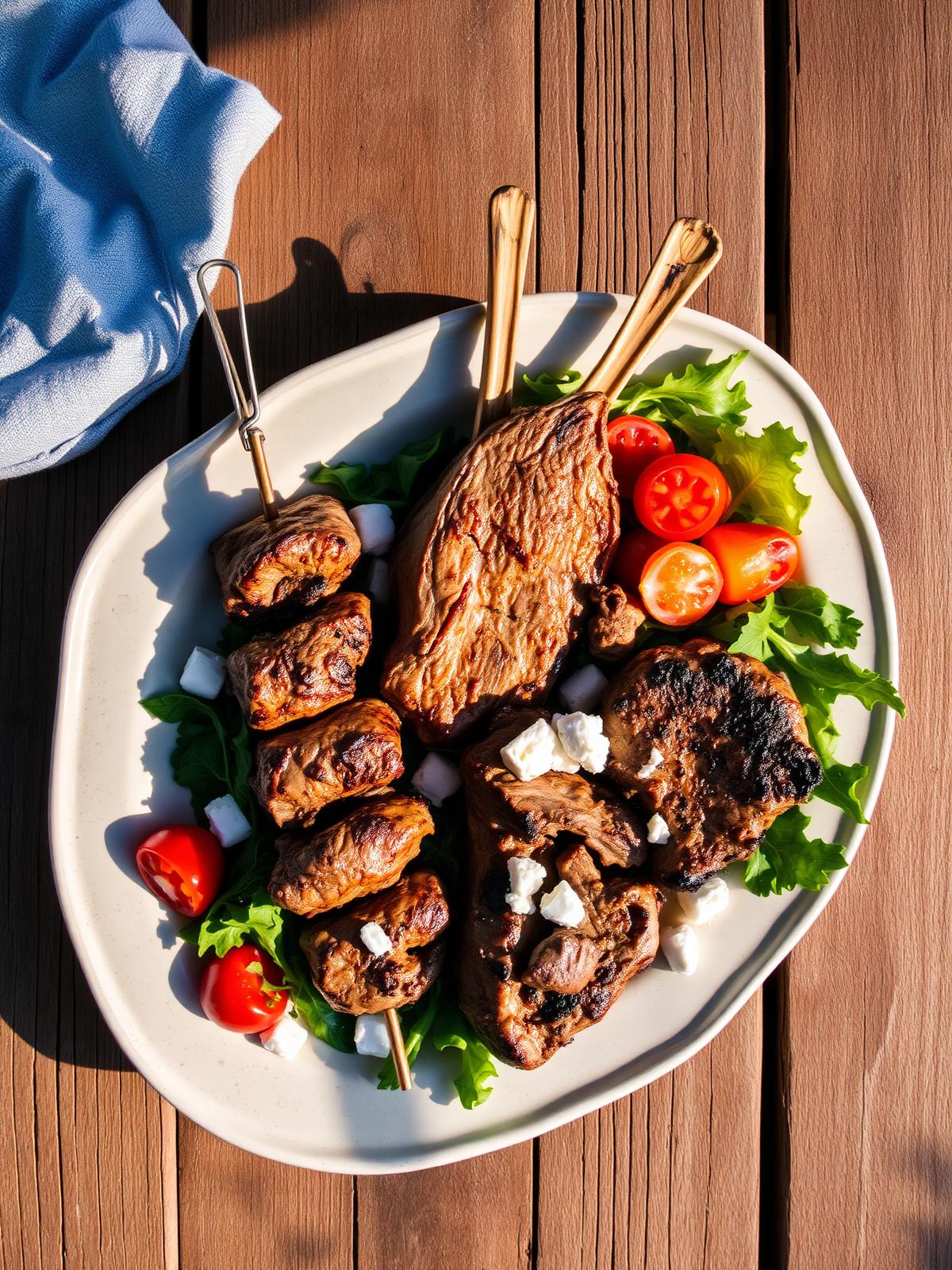 Grilled meat platter with village salad on a wooden table